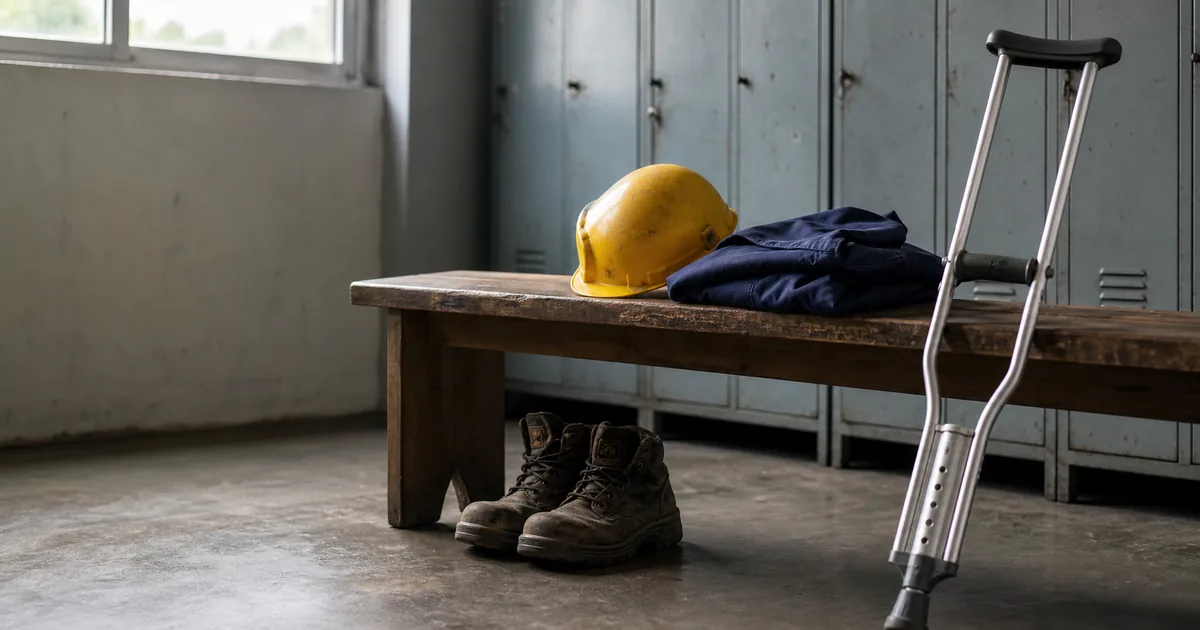 Botas, capacete e muleta em vestiário de fábrica representam afastamento temporário do trabalho.