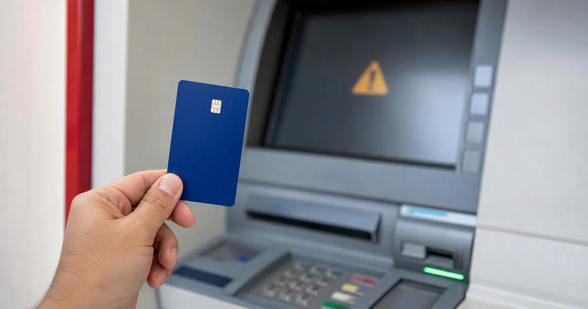 Cartão bancário diante de caixa eletrônico com sinal de atenção, representando benefício do INSS suspenso.