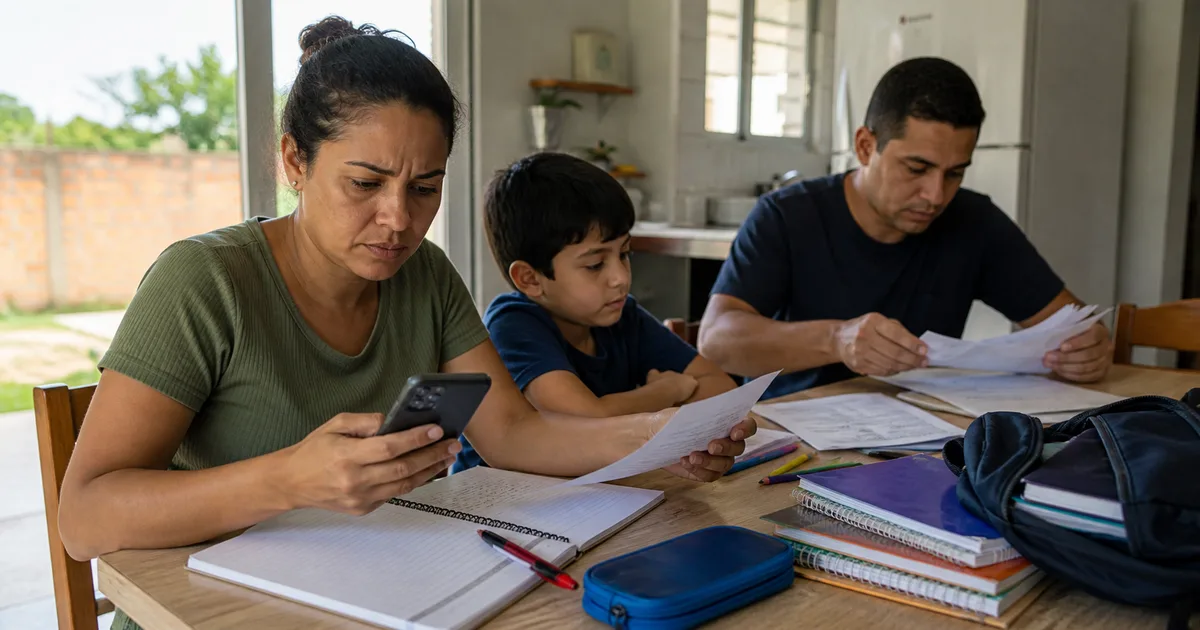 Família brasileira organiza documentos escolares e de saúde em casa para evitar bloqueio ou cancelamento do Bolsa Família.