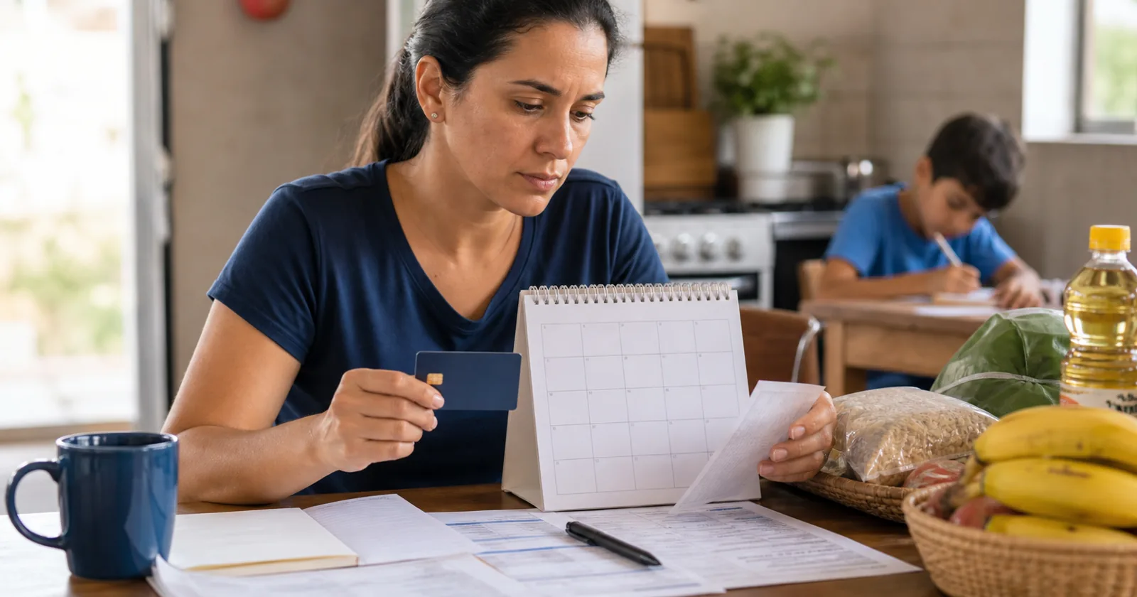 Mãe organiza calendário, cartão de benefício e compras de mercado para acompanhar o pagamento do Bolsa Família de julho de 2026.
