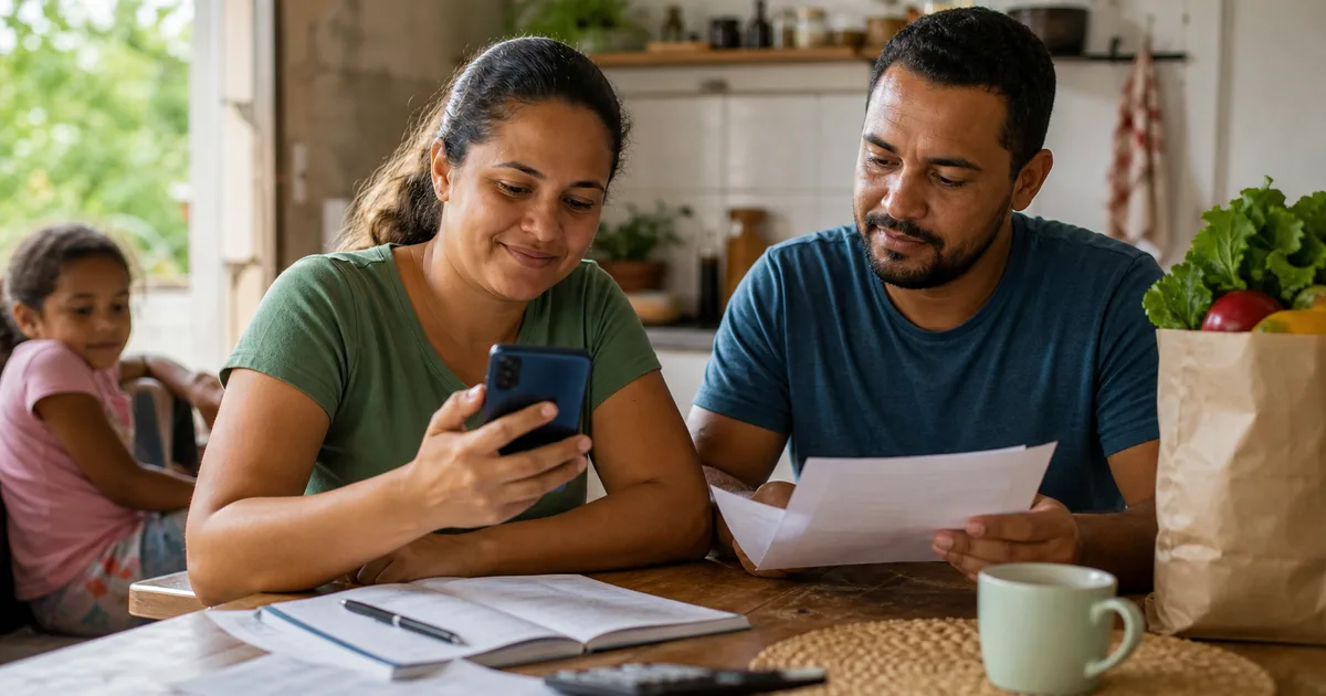 Família brasileira consulta no celular a regra de proteção do Bolsa Família após melhora de renda e organização de documentos em casa.