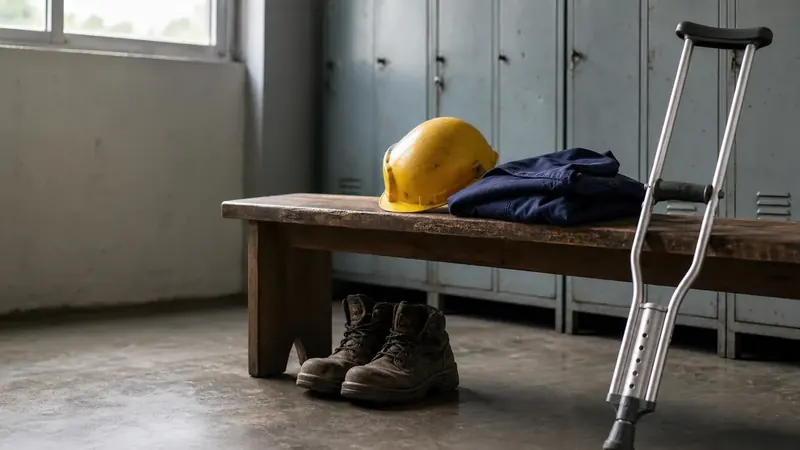Botas, capacete e muleta em vestiário de fábrica representam afastamento temporário do trabalho.