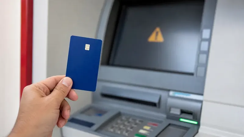Cartão bancário diante de caixa eletrônico com sinal de atenção, representando benefício do INSS suspenso.