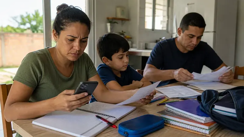 Família brasileira organiza documentos escolares e de saúde em casa para evitar bloqueio ou cancelamento do Bolsa Família.