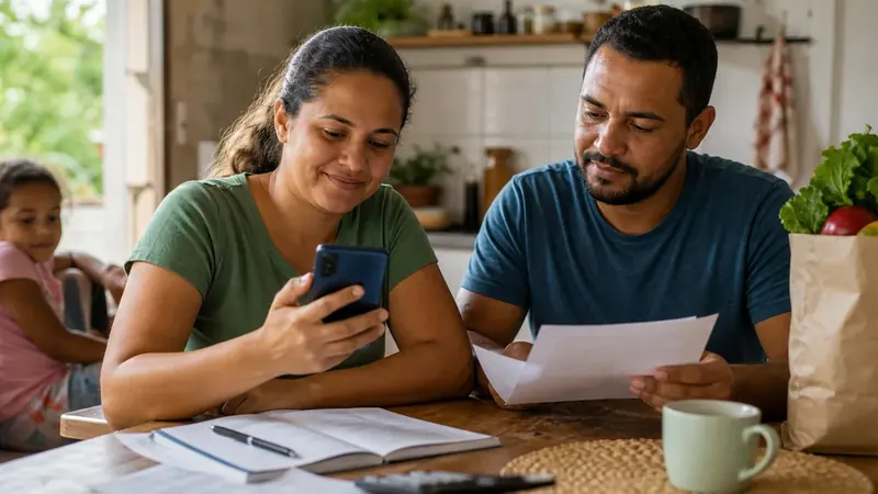 Família brasileira consulta no celular a regra de proteção do Bolsa Família após melhora de renda e organização de documentos em casa.