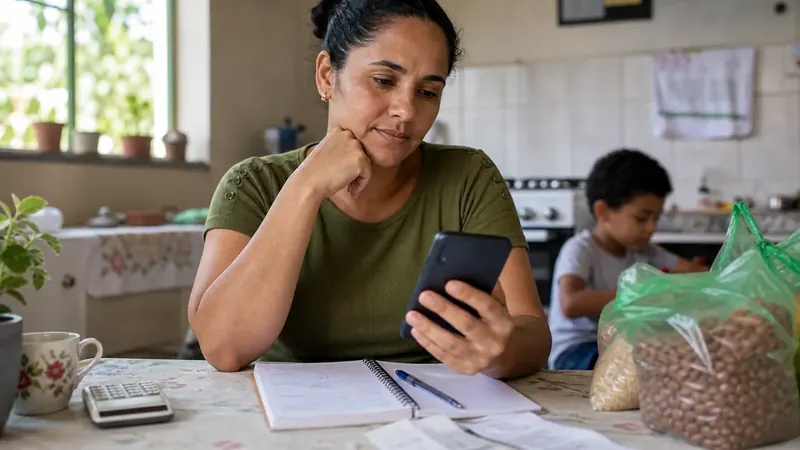 Mulher brasileira consulta no celular informações sobre o valor do Bolsa Família em 2026 ao lado de contas e compras de mercado.