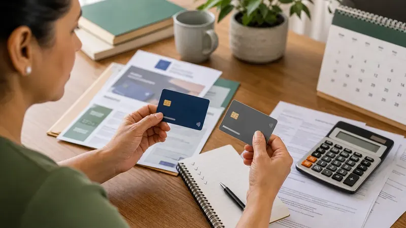 Pessoa compara dois cartões de crédito sem marca, documentos e calculadora para entender anuidade grátis.