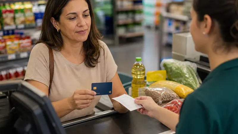 Cliente paga compras no mercado com cartão sem marca enquanto recebe recibo no caixa.