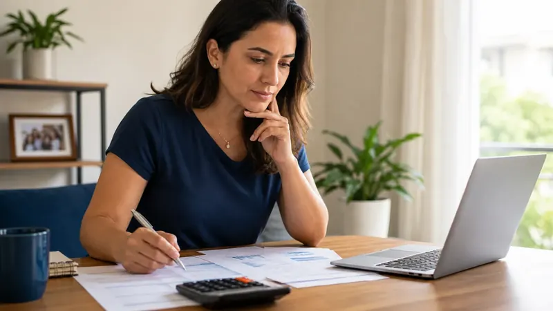 Mulher analisa papéis, calculadora e notebook para entender CDI em investimentos.