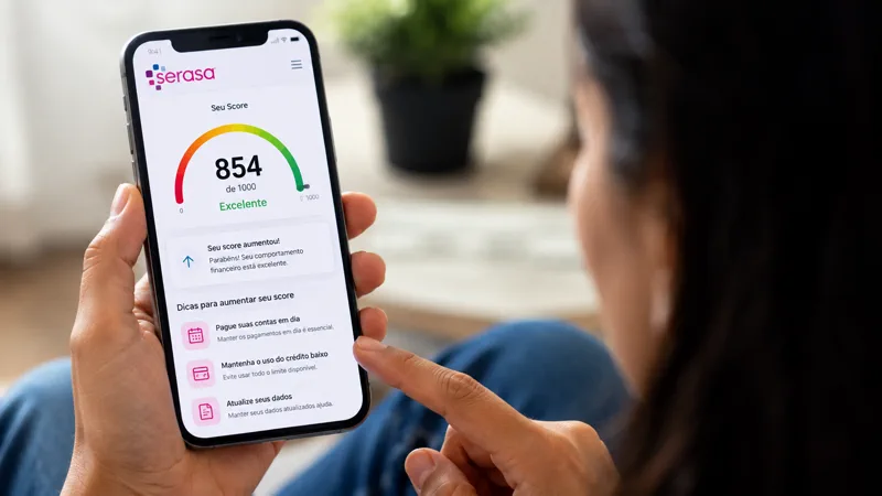 Pessoa consulta o Score Serasa no celular e ve dicas para melhorar a pontuação de crédito.