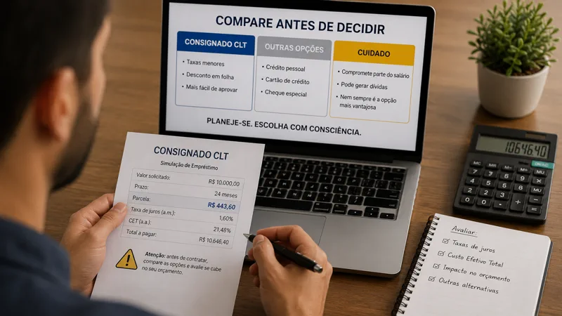 Trabalhador compara proposta de consignado CLT e outras opções de crédito em notebook, com contrato e calculadora sobre a mesa.