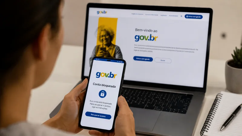 Pessoa consulta no celular como recuperar conta Gov.br bloqueada diante de notebook com página do Gov.br aberta.