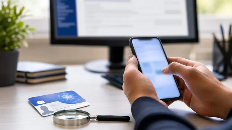 Pessoa consulta CPF irregular pelo celular com documento e computador sobre a mesa.
