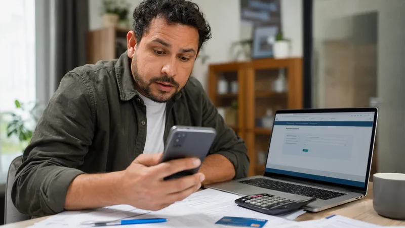 Homem consulta no celular valores esquecidos enquanto usa notebook em mesa com documentos financeiros.