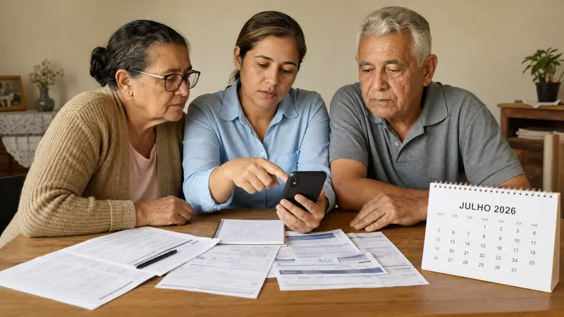 Idosos brasileiros consultam no celular e em papéis o calendário de pagamentos do INSS de julho de 2026 em uma mesa de casa, em cena que representa organização financeira familiar.