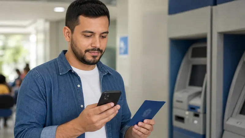 Trabalhador consulta o FGTS pelo celular em área de autoatendimento, segurando documento de trabalho.
