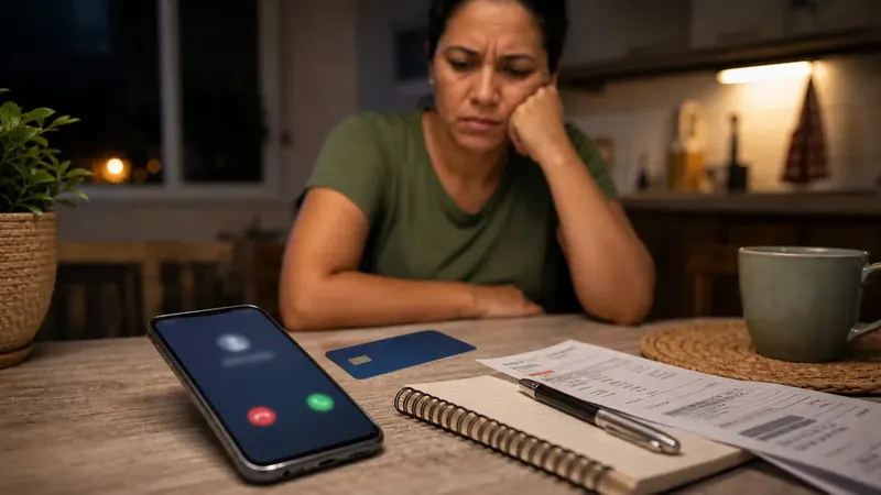 Mulher preocupada olha para celular durante ligação suspeita ao lado de cartão sem marca, contas e caderno em casa.