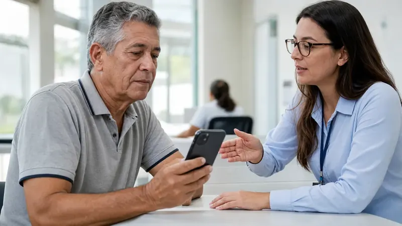Aposentado recebe orientação de atendente enquanto usa o celular para validar empréstimo consignado do INSS.