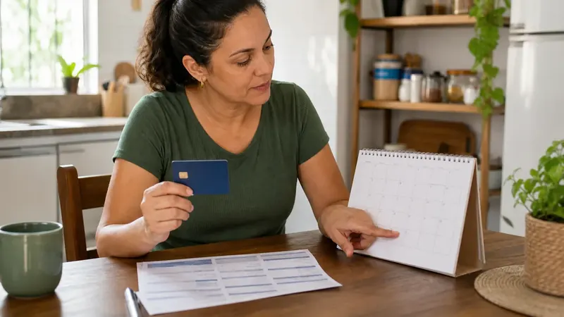 Mulher consulta calendário e cartão de benefício para saber o dia certo do Bolsa Família pelo final do NIS.