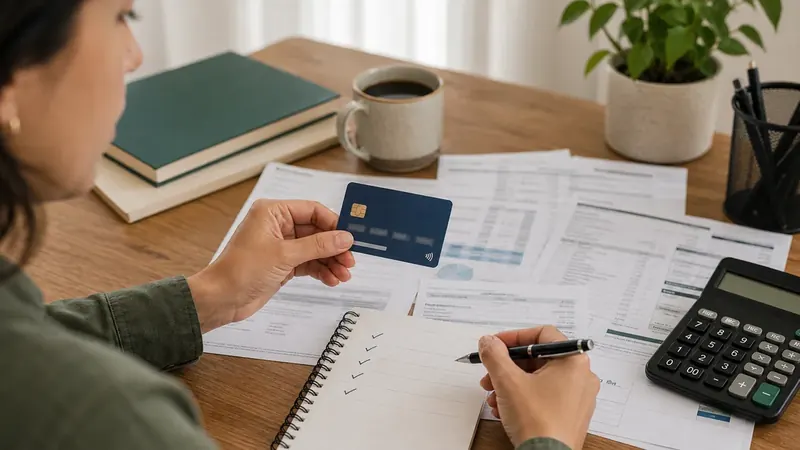 Pessoa analisa cartão sem anuidade, calculadora e documentos financeiros para comparar custos.