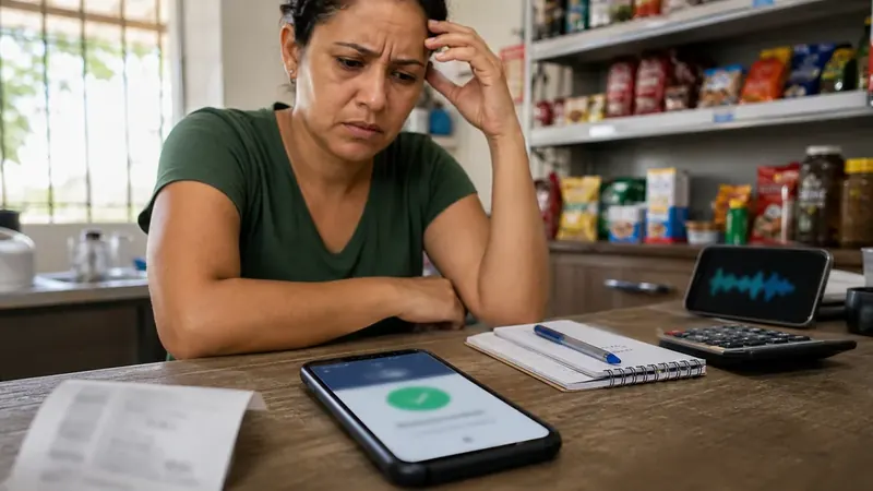 Comerciante preocupada observa celular com comprovante de pagamento desfocado e sugestão de áudio suspeito ao fundo.