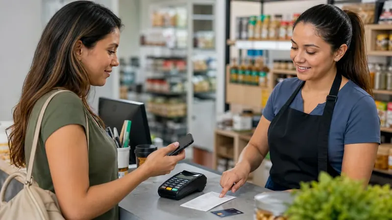 Cliente segura celular em caixa de loja enquanto atendente aponta recibo, em cena sobre Pix como ferramenta de crédito.