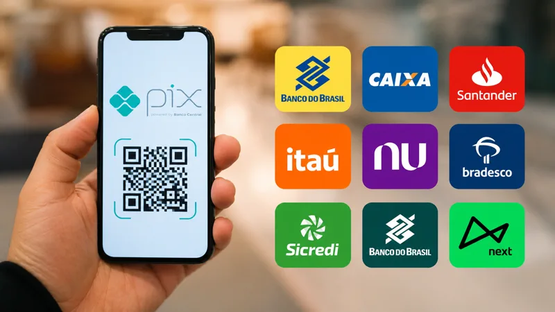 Pessoa segura celular com tela de Pix e QR Code ao lado de simbolos de instituições financeiras.