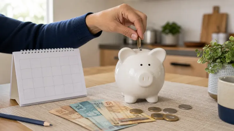 Pessoa coloca moeda em cofrinho ao lado de dinheiro e calendário para entender o rendimento da poupança.