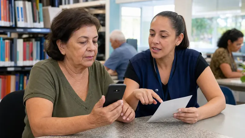 Aposentada recebe orientação para recuperar a senha do Meu INSS pelo celular.