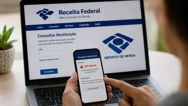 Pessoa consulta a situação da restituição do Imposto de Renda em celular diante de notebook com tela da Receita Federal.