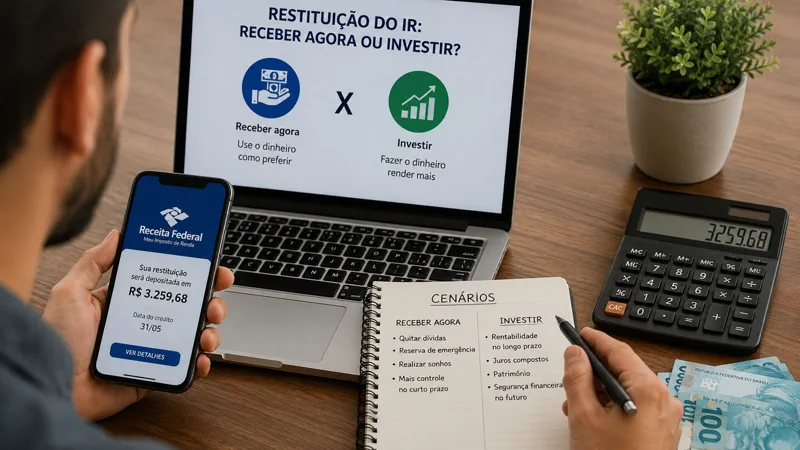 Pessoa compara usar a restituição do Imposto de Renda para despesas ou investimento em notebook, celular e calculadora.