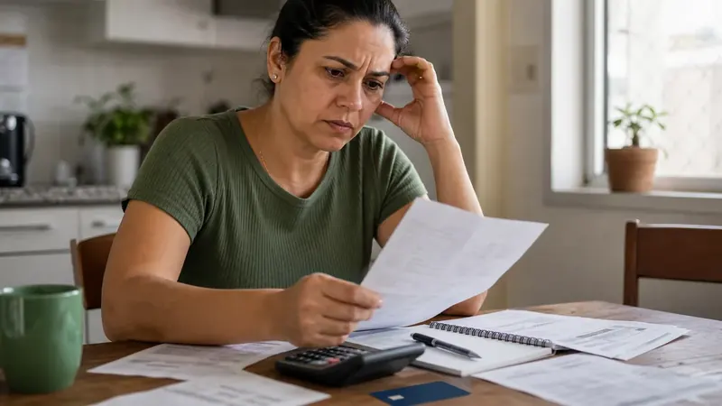 Mulher preocupada analisa fatura do cartão, calculadora e documentos sobre dívidas em casa.
