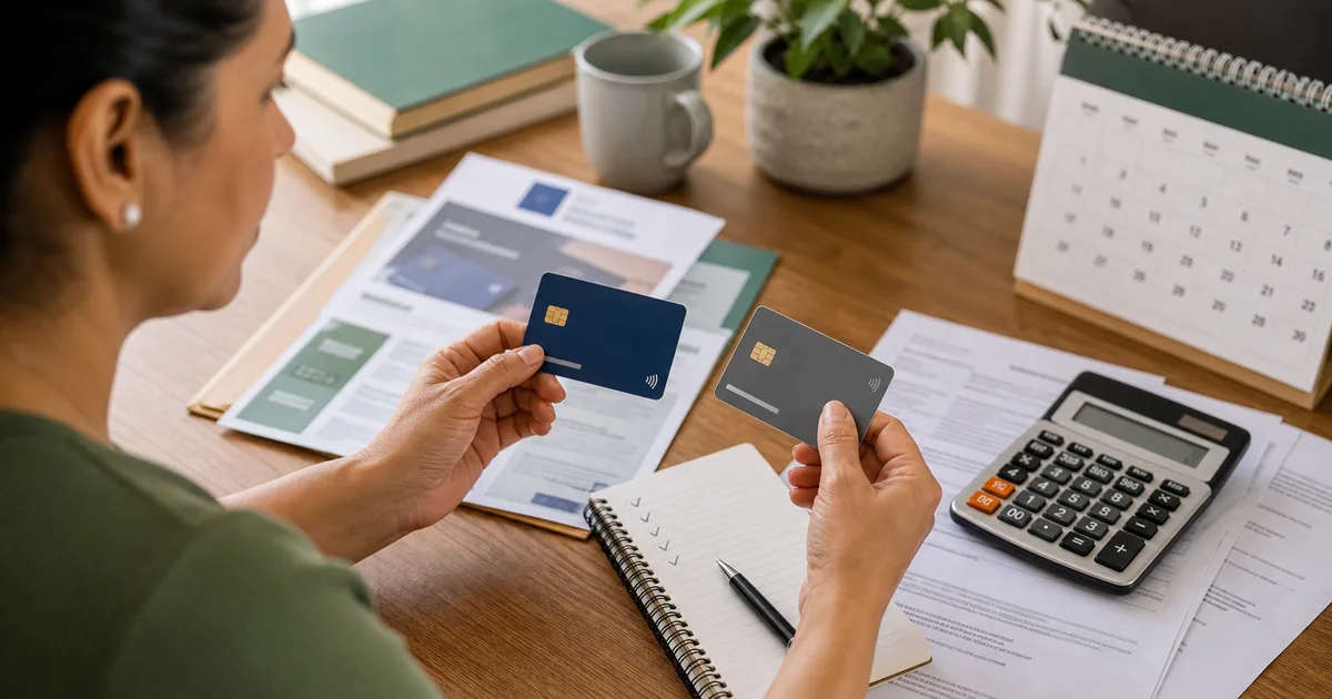 Pessoa compara dois cartões de crédito sem marca, documentos e calculadora para entender anuidade grátis.