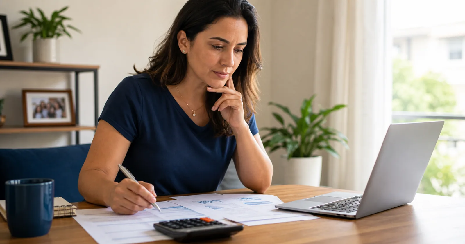 Mulher analisa papéis, calculadora e notebook para entender CDI em investimentos.