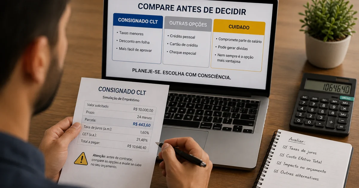 Trabalhador compara proposta de consignado CLT e outras opções de crédito em notebook, com contrato e calculadora sobre a mesa.