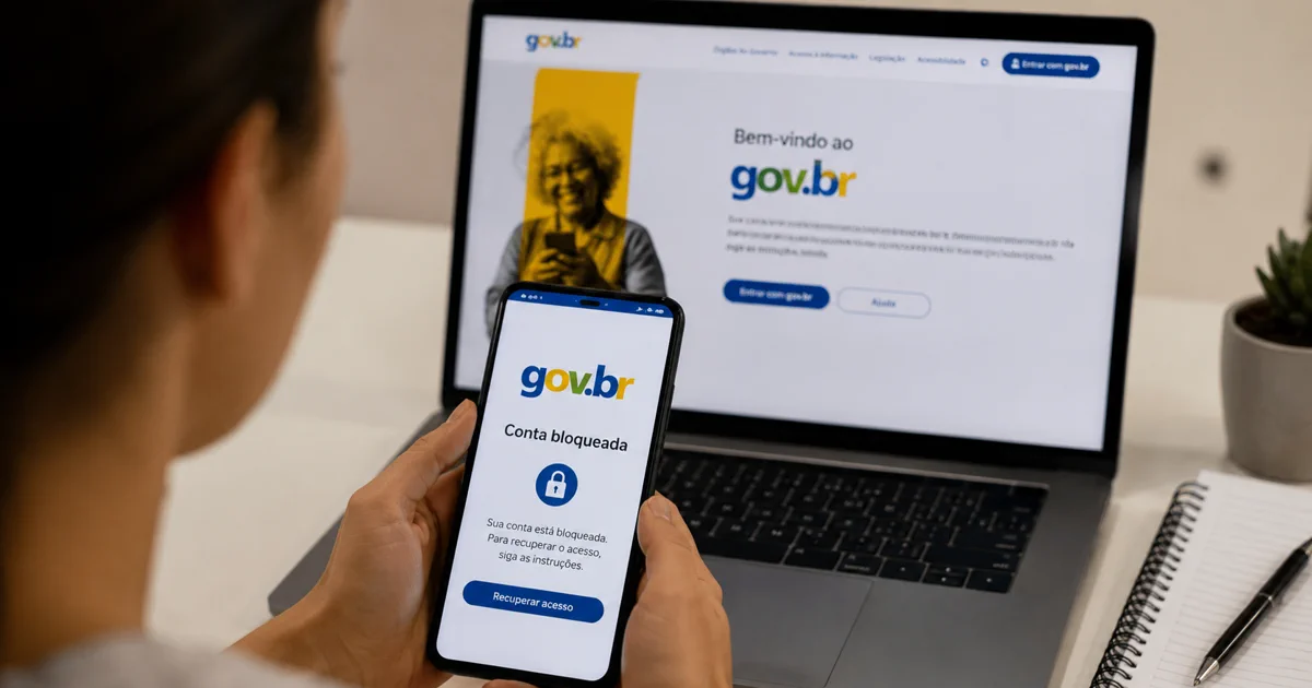Pessoa consulta no celular como recuperar conta Gov.br bloqueada diante de notebook com página do Gov.br aberta.