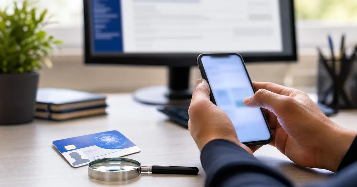 Pessoa consulta CPF irregular pelo celular com documento e computador sobre a mesa.