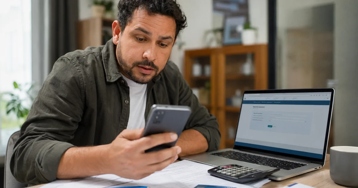 Homem consulta no celular valores esquecidos enquanto usa notebook em mesa com documentos financeiros.