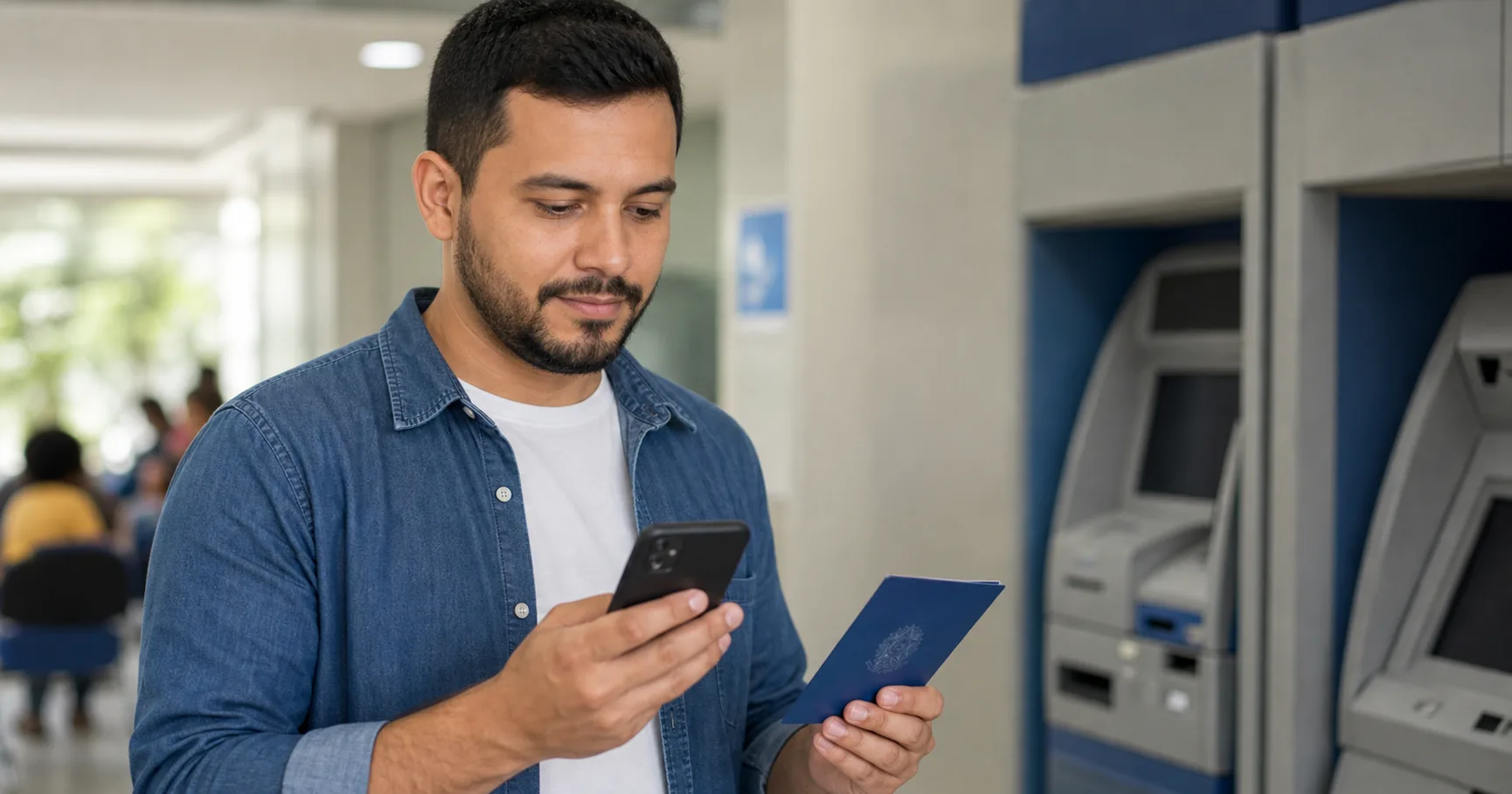 Trabalhador consulta o FGTS pelo celular em área de autoatendimento, segurando documento de trabalho.