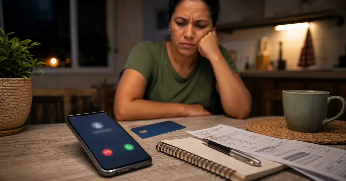 Mulher preocupada olha para celular durante ligação suspeita ao lado de cartão sem marca, contas e caderno em casa.