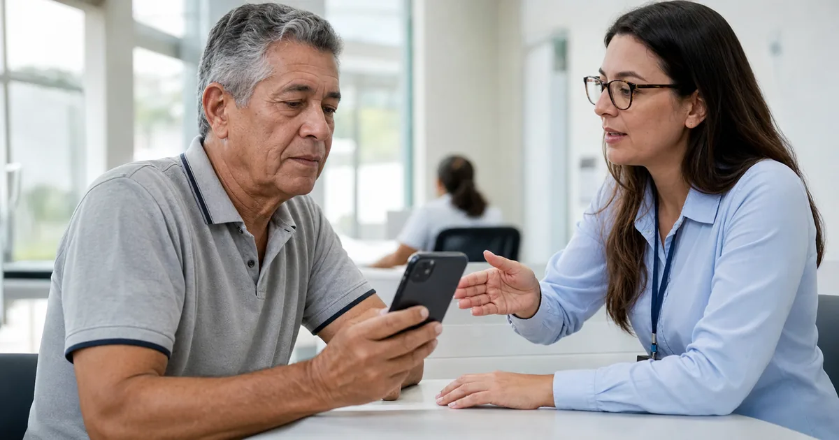 Aposentado recebe orientação de atendente enquanto usa o celular para validar empréstimo consignado do INSS.