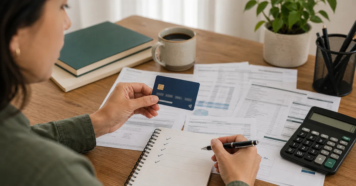 Pessoa analisa cartão sem anuidade, calculadora e documentos financeiros para comparar custos.