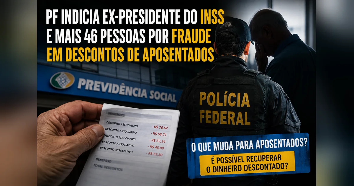 Agente da Polícia Federal e aposentado com extrato de benefício ilustram investigação sobre descontos associativos indevidos no INSS.