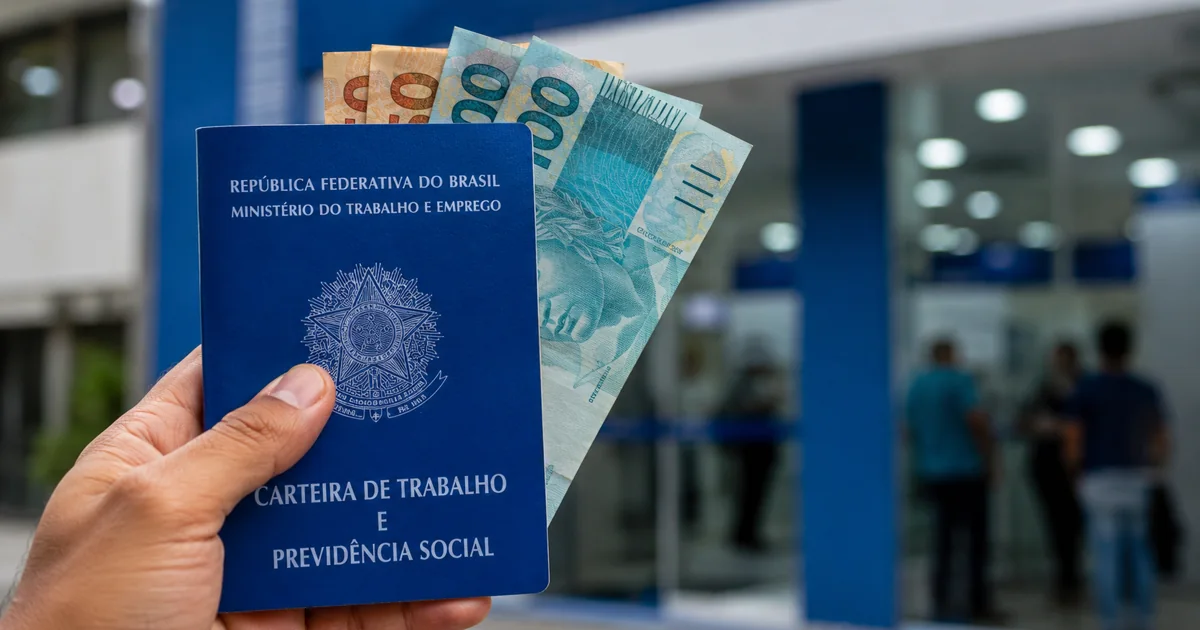 Carteira de Trabalho brasileira com notas de real em frente a uma agência bancária, representando o pagamento do Abono Salarial PIS/Pasep.