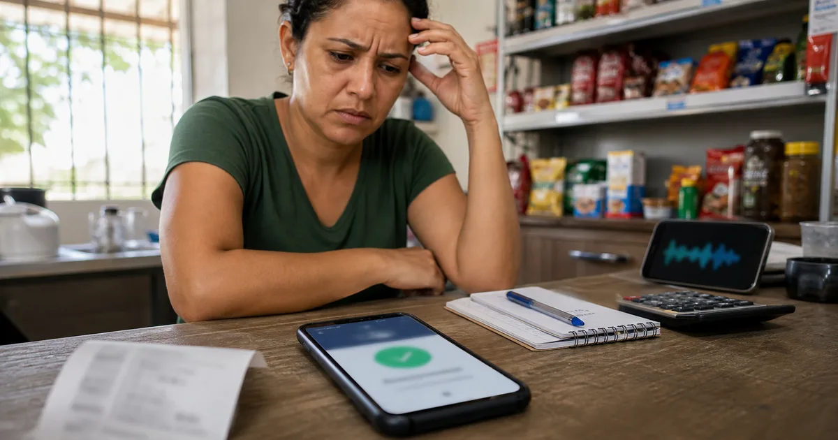 Comerciante preocupada observa celular com comprovante de pagamento desfocado e sugestão de áudio suspeito ao fundo.
