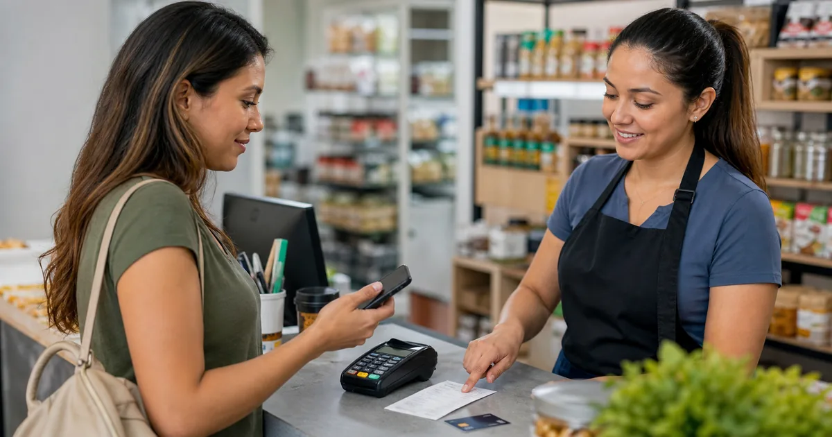Cliente segura celular em caixa de loja enquanto atendente aponta recibo, em cena sobre Pix como ferramenta de crédito.