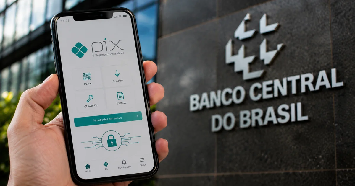 Celular com tela do Pix em frente à sede do Banco Central do Brasil, representando novidades nas regras de transferência.