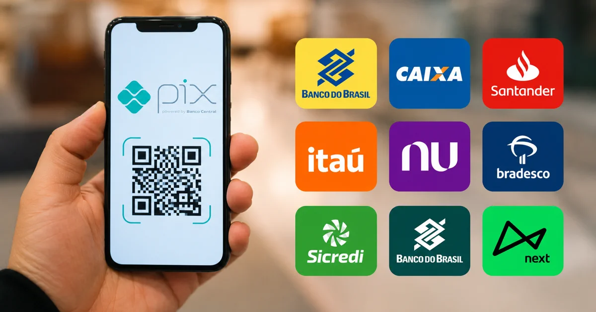 Pessoa segura celular com tela de Pix e QR Code ao lado de simbolos de instituições financeiras.
