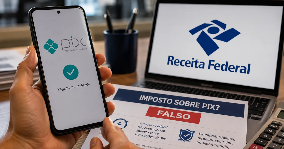 Celular com o símbolo do Pix ao lado de computador com marca da Receita Federal, representando o esclarecimento sobre boatos de imposto no Pix.