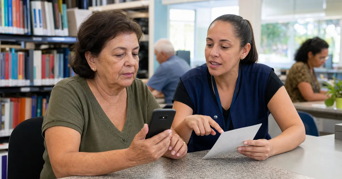 Aposentada recebe orientação para recuperar a senha do Meu INSS pelo celular.